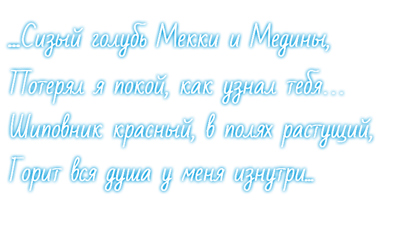 ...Сизый голубь Мекки и Медины, Потерял я покой, как узнал тебя… Шиповник красный, в полях растущий, Горит вся душа у меня изнутри...